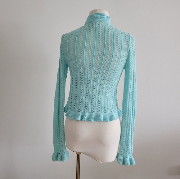 George y2k cotton crochet ruffle tie front cardigan sweater top blue size XXS XS - Picture 3 of 4